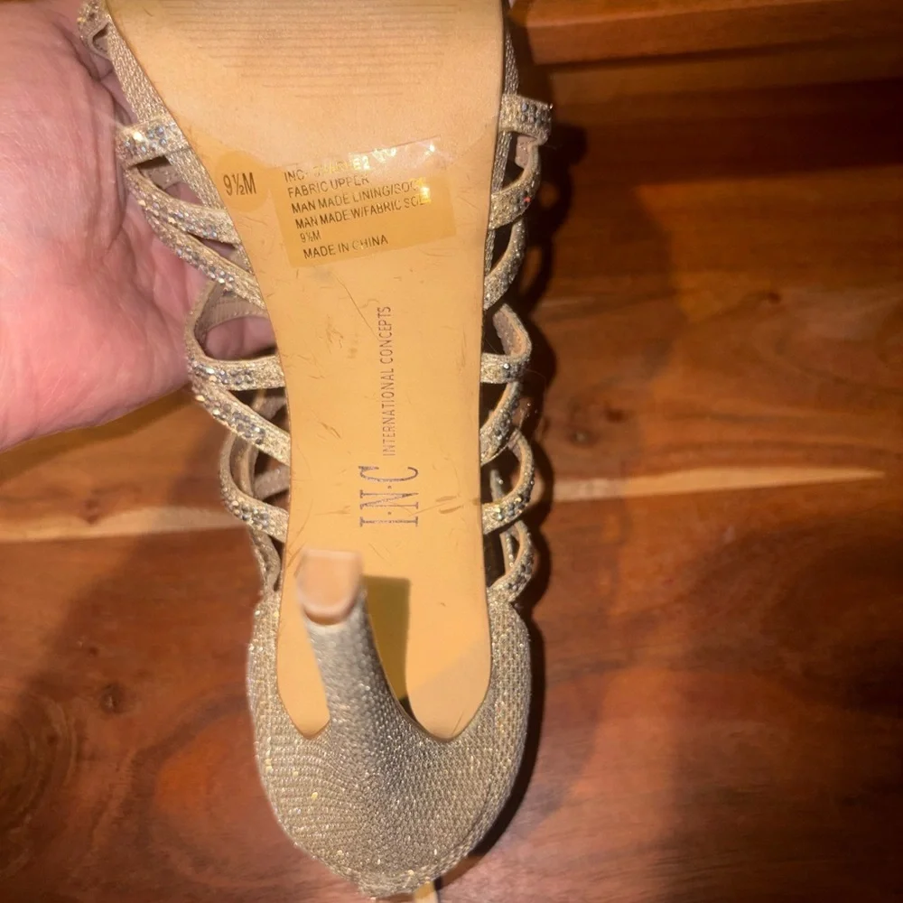 INC International Concepts Rhinestone Open Toe Heels Gold 9.5M Glam Dates Formal